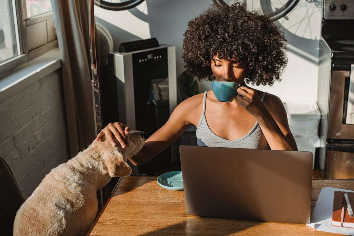 Digital nomad working sipping coffee with her dog