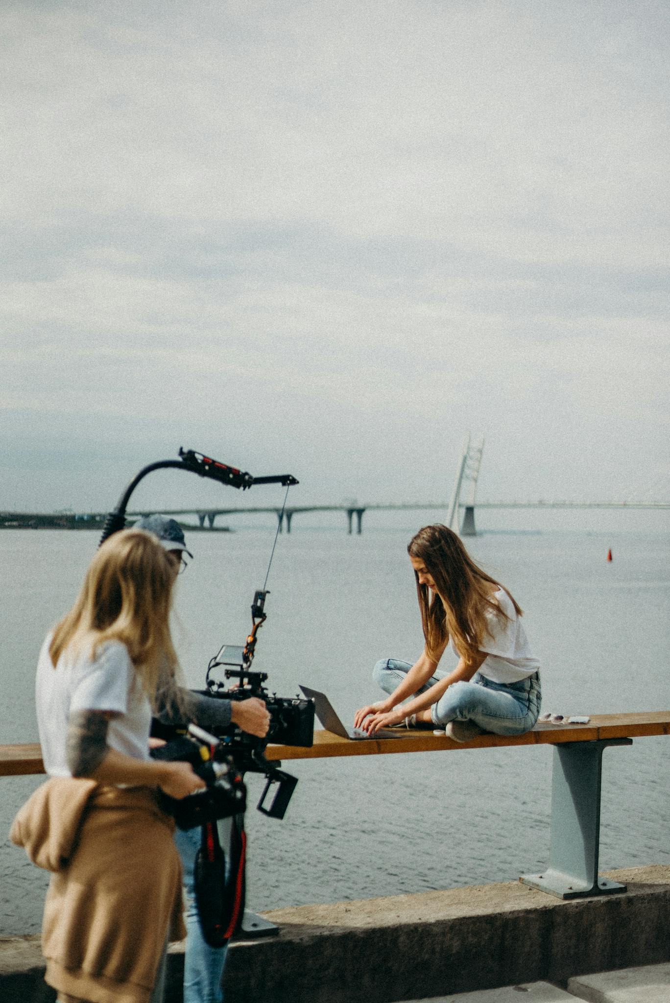 Digital nomad Woman Sitting on Bench