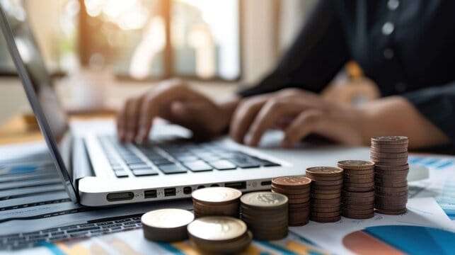 digital nomad hands typing on laptop with coins on table