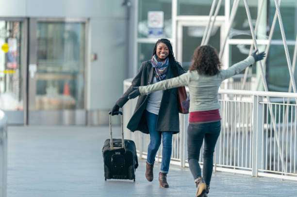 Friends at airport layered